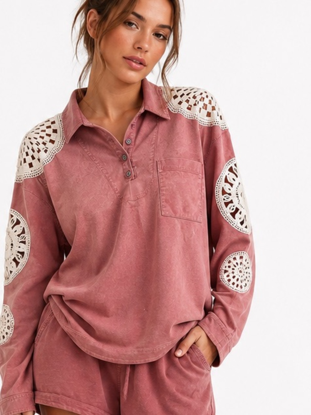 74Z.NWT $198  Free people We The Free Washed And Crafted Crochet Polo boho